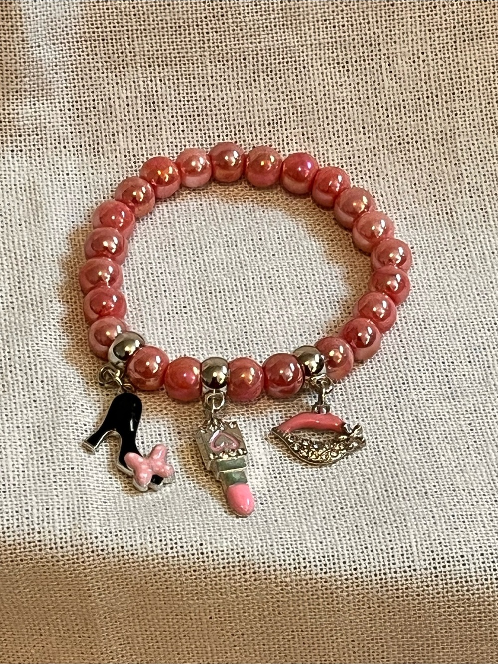 Pink Beaded Charm Bracelet with Lipstick & Shoe Charms